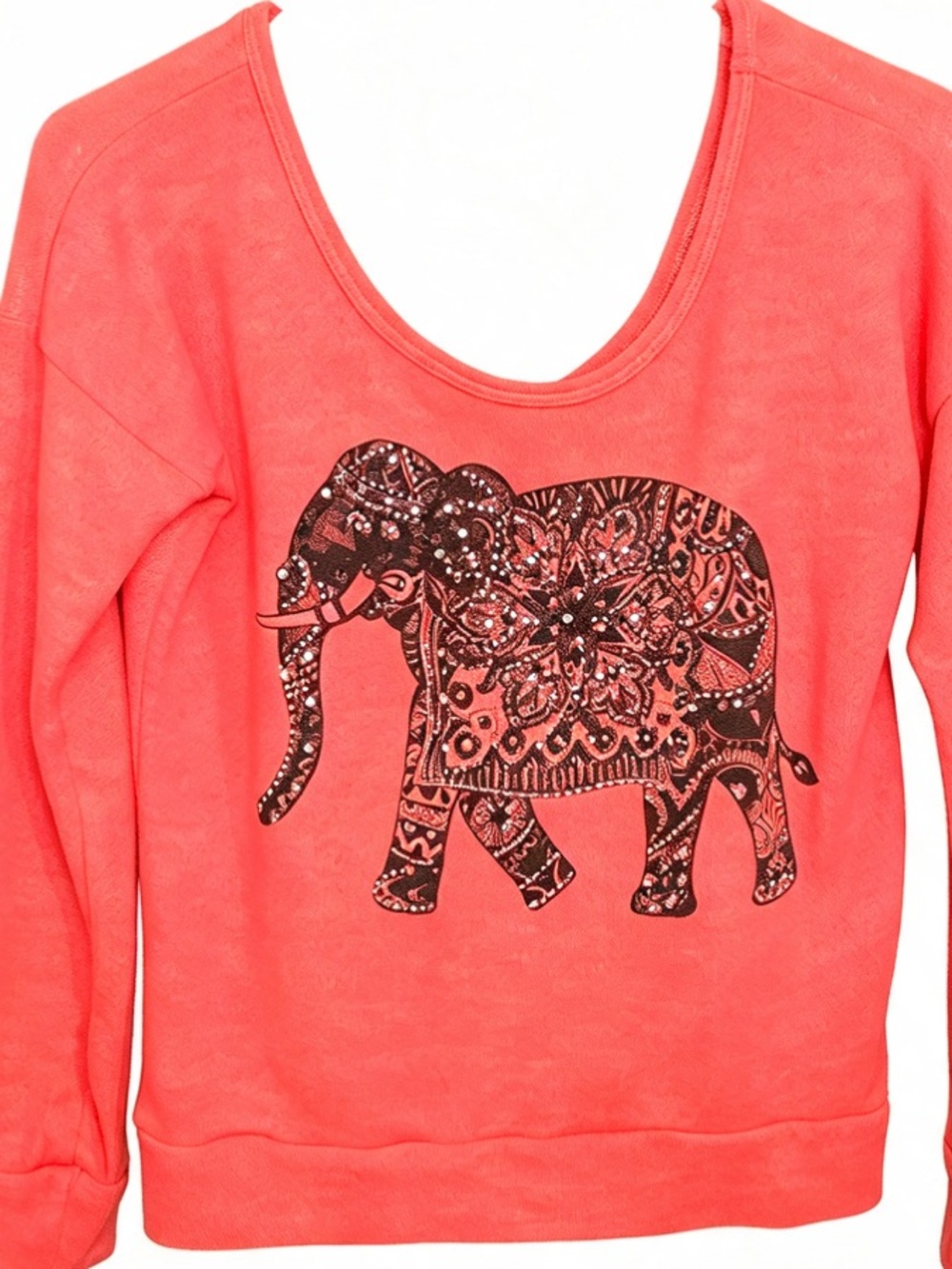 Charlotte Russe Coral Pink Rhinestone Elephant Scoop Back Sweatshirt Sweater S
